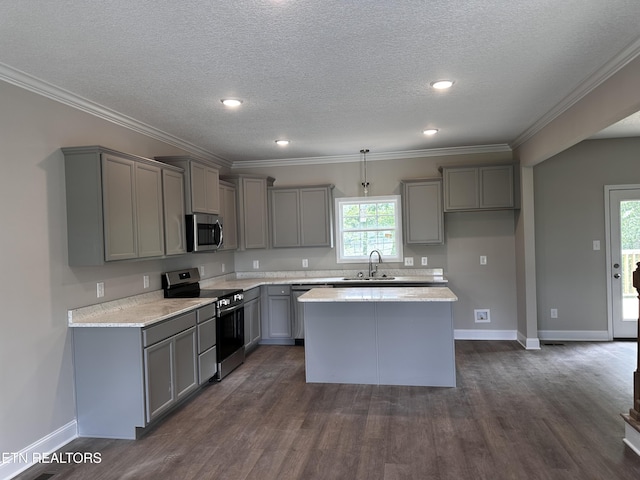 8047 Tree Line Ln, Corryton, TN 37721 - kitchen with stainless steel appliances, gray cabinetry, baseboards, a kitchen island, and dark wood-type flooring