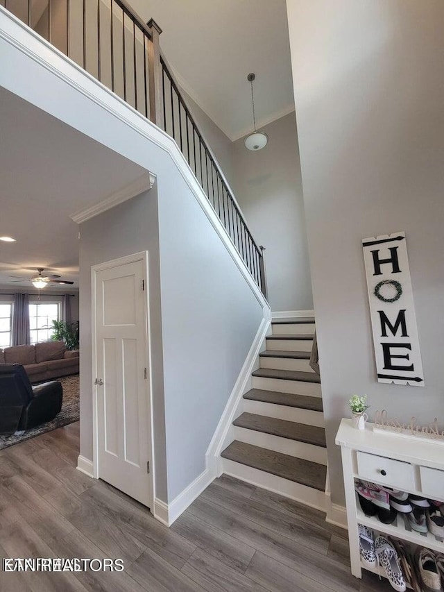 stairway featuring hardwood / wood-style floors, ceiling fan, and ornamental molding