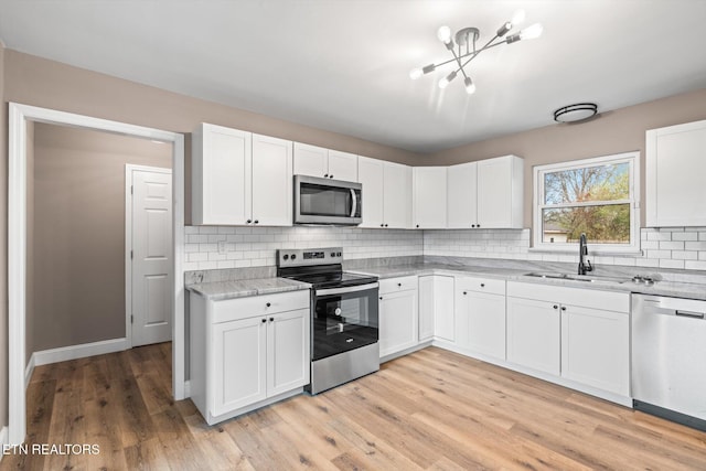 kitchen with white cabinetry, sink, stainless steel appliances, tasteful backsplash, and light wood-type flooring