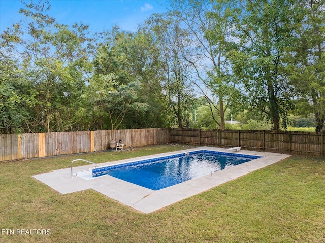 view of pool with a lawn and a diving board