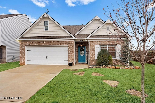 craftsman inspired home featuring a garage and a front yard