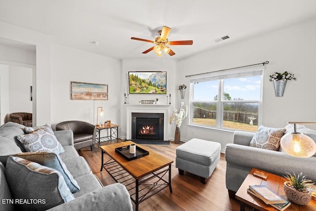 living room featuring ceiling fan and wood-type flooring