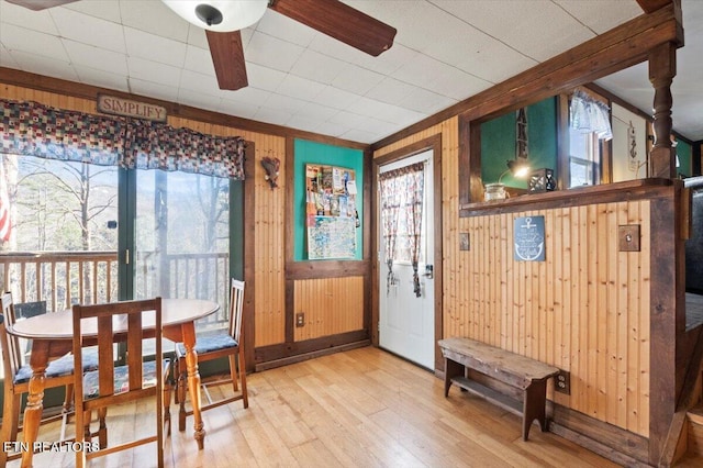291 Marina Ln, Lafollette, TN 37766 - interior space featuring hardwood / wood-style flooring, ceiling fan, and wood walls