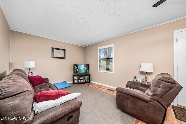 living room featuring hardwood / wood-style flooring, ornamental molding, and a textured ceiling