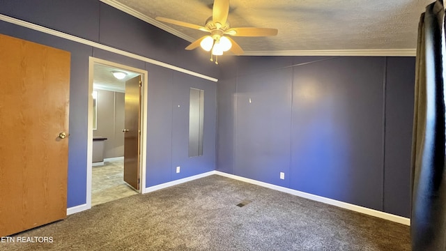 unfurnished bedroom featuring carpet flooring, ceiling fan, ornamental molding, and a textured ceiling