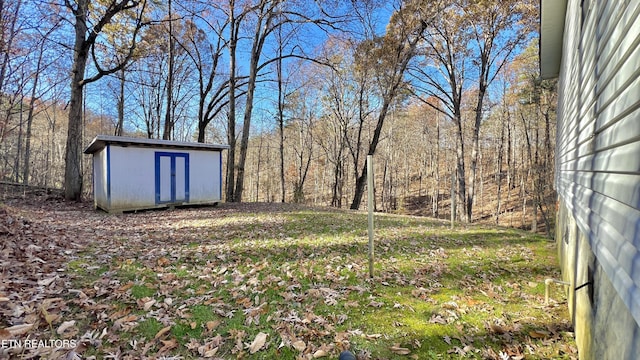 view of yard featuring a storage unit