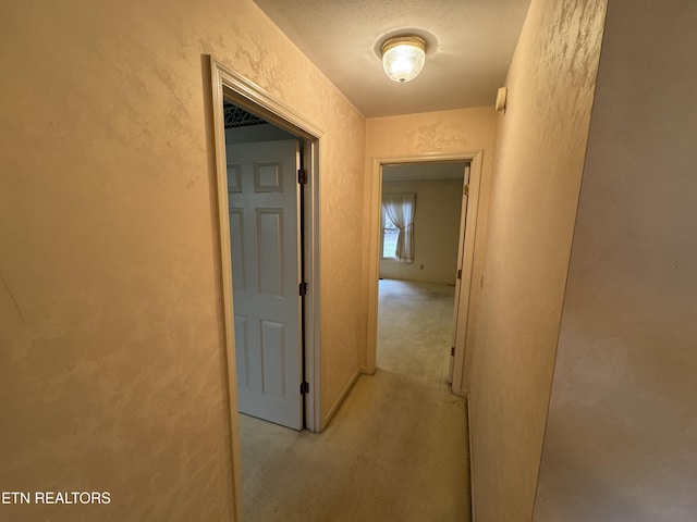 hallway featuring light colored carpet and a textured ceiling