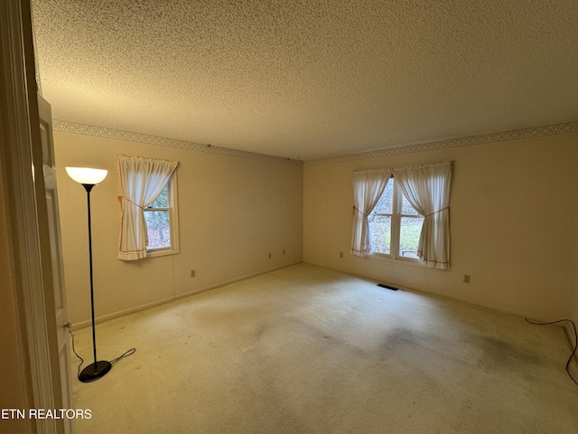 empty room featuring a healthy amount of sunlight, carpet, and a textured ceiling