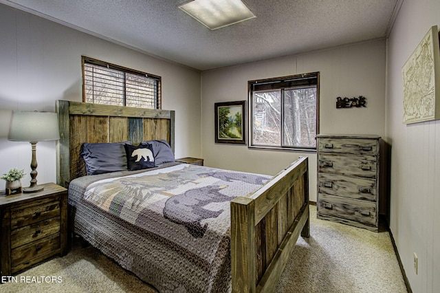 bedroom featuring carpet and a textured ceiling