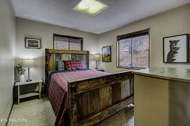 carpeted bedroom featuring a textured ceiling and crown molding