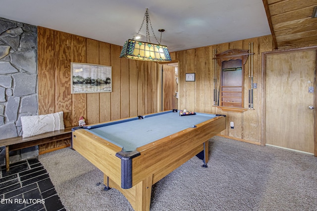 game room featuring wood walls, dark carpet, and pool table