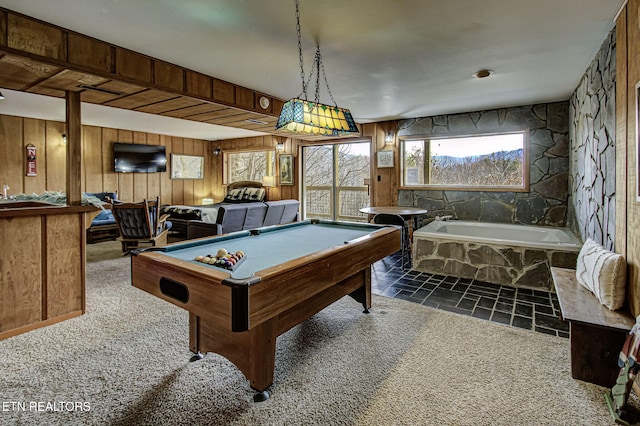 playroom featuring wood walls, dark carpet, and billiards