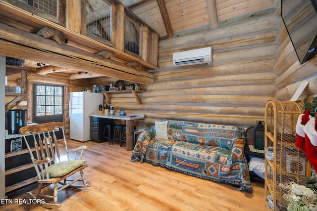 living room featuring beam ceiling, log walls, a wall mounted air conditioner, light hardwood / wood-style floors, and wood ceiling