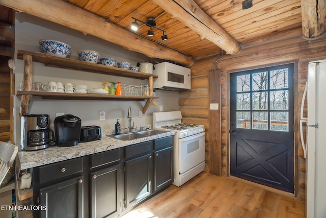 kitchen with light wood-type flooring, rustic walls, wood ceiling, white appliances, and beam ceiling