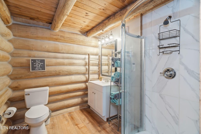 bathroom featuring rustic walls, wood ceiling, a shower, beamed ceiling, and hardwood / wood-style floors