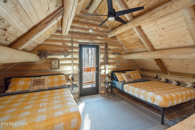 bedroom featuring log walls, lofted ceiling with beams, ceiling fan, and wood ceiling