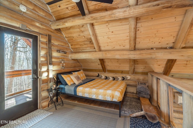 bedroom with beam ceiling, log walls, wood ceiling, and high vaulted ceiling