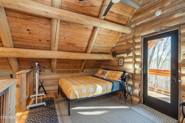 bedroom with lofted ceiling with beams, log walls, and wood ceiling