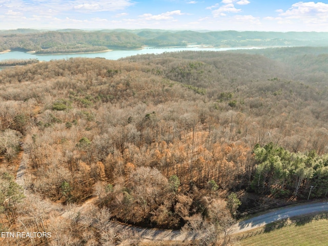 aerial view featuring a water and mountain view