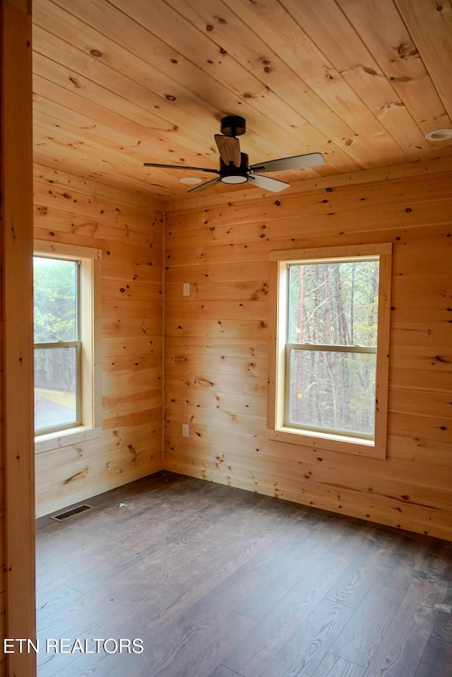 empty room with wood-type flooring, wooden ceiling, and wooden walls