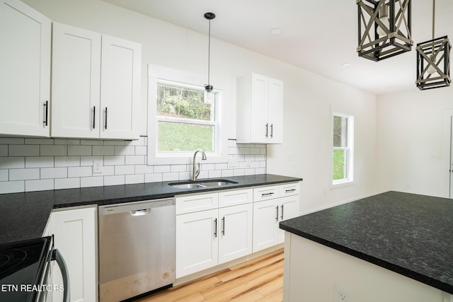 kitchen featuring dishwasher, sink, light hardwood / wood-style flooring, decorative light fixtures, and white cabinetry