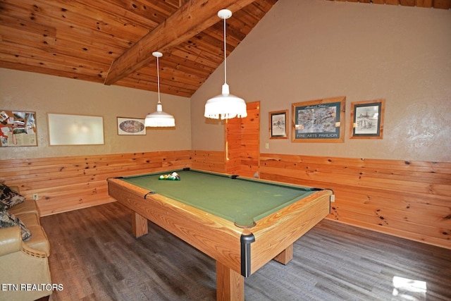 game room with wood walls, wooden ceiling, dark wood-type flooring, pool table, and beam ceiling