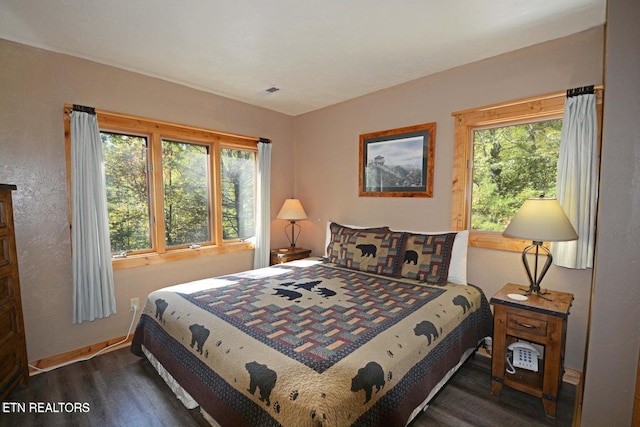 bedroom with dark hardwood / wood-style floors