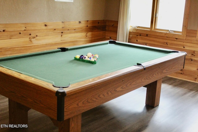 playroom featuring billiards, wooden walls, and wood finished floors