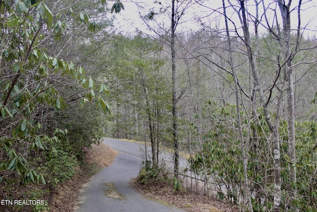 view of property's community with a forest view and aphalt driveway
