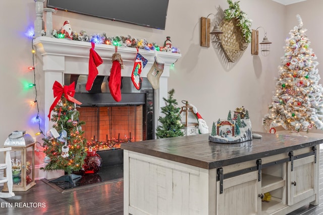 details with a fireplace and wood finished floors