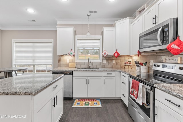 kitchen with stainless steel appliances, a sink, visible vents, and crown molding