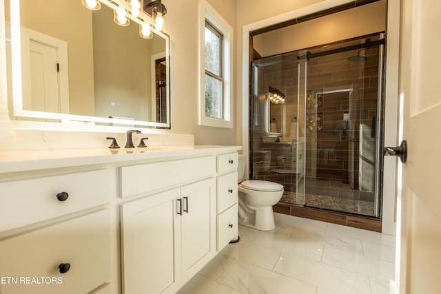 bathroom featuring vanity, toilet, and a shower with shower door