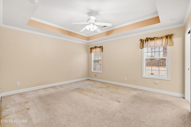 carpeted empty room with a raised ceiling, ceiling fan, and crown molding