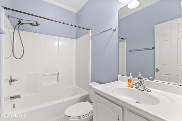 full bathroom featuring vanity, toilet, ornamental molding, and shower / tub combination