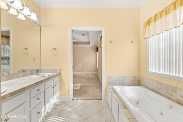 bathroom with tile patterned flooring, vanity, a relaxing tiled tub, and ornamental molding