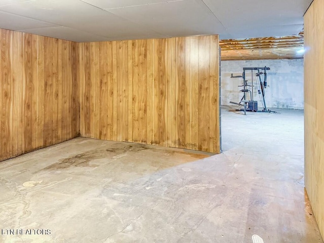 basement featuring wood walls