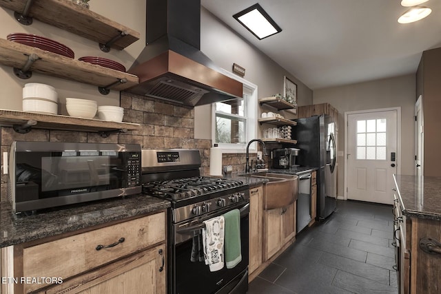 kitchen featuring decorative backsplash, stainless steel appliances, plenty of natural light, and range hood