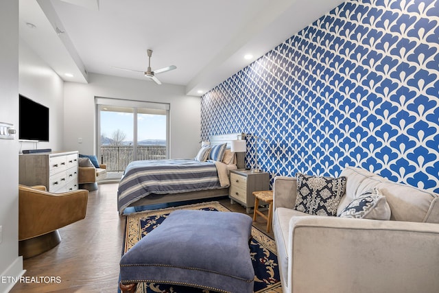 bedroom with hardwood / wood-style flooring, ceiling fan, and access to outside