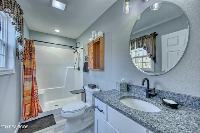 bathroom featuring curtained shower, vanity, and toilet