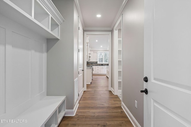 mudroom featuring crown molding and dark hardwood / wood-style flooring