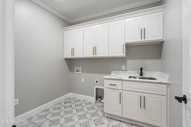 laundry area with cabinets, hookup for a washing machine, ornamental molding, electric dryer hookup, and sink