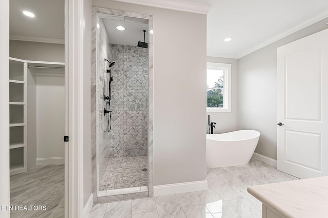 bathroom featuring ornamental molding and plus walk in shower