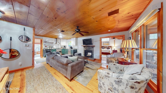 living room featuring a fireplace, ceiling fan, light hardwood / wood-style flooring, and wood ceiling