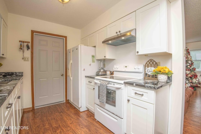 kitchen featuring white cabinetry, dark hardwood / wood-style flooring, white appliances, and a textured ceiling