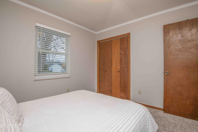 carpeted bedroom featuring crown molding, a closet, and a textured ceiling