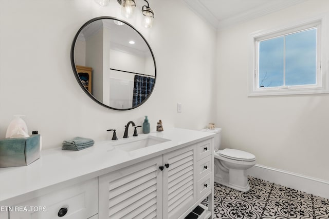 bathroom featuring vanity, crown molding, tile patterned flooring, a shower with shower curtain, and toilet