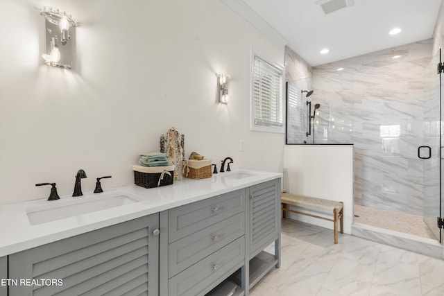 1430 Maple Ln, Greenback, TN 37742 - bathroom featuring a marble finish shower, marble finish floors, recessed lighting, double vanity, and ornamental molding