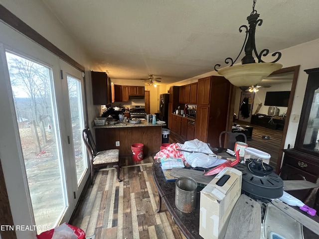 dining space featuring hardwood / wood-style flooring and ceiling fan