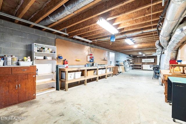 basement with a workshop area