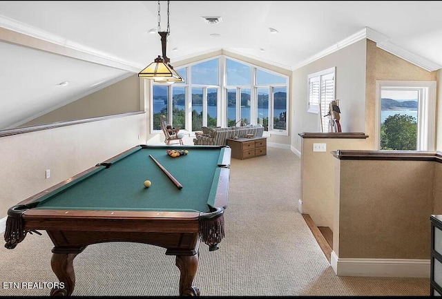 playroom featuring a water view, ornamental molding, light carpet, and billiards